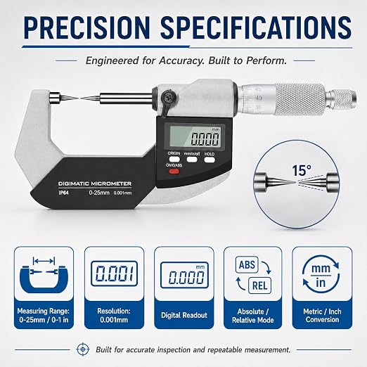 Digital Micrometer with 0-1"/0-25mm Measuring Range Electronic Micrometer Measuring Tool, Inch/Metric (Point Micrometer(15°))