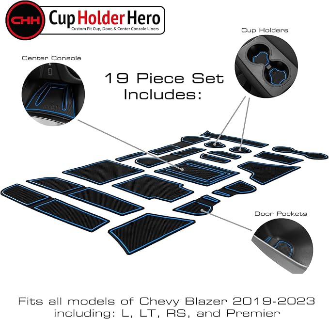 CupHolderHero Fits with Chevy Blazer Accessories 2019-2023 Premium Custom Interior Non-Slip Anti Dust Cup Holder Inserts, Center Console Liner Mats, Door Pocket Liners 19pc Set (Blue Trim)