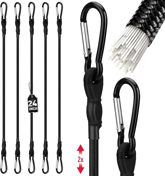 5-Piece 24 Inch Bungee Cords with Carabiner Hooks, Heavy Duty Rubber Elastic Tie Down Straps, Bungee Cord with Carabiner Clips for Cargo, Truck Bed, Camping, Motorcycle and Outdoor Use (Black)