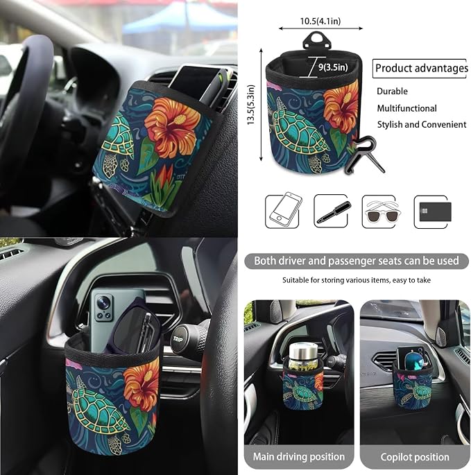 Hibiscus Turtle Printed Car Seat Cover Set 15 PCS, with Steering Wheel Cover Seat Belt Pad Garbage Bag Air Vent Pocket Rearview Mirror Cover for SUV Trucks Vans Sedans