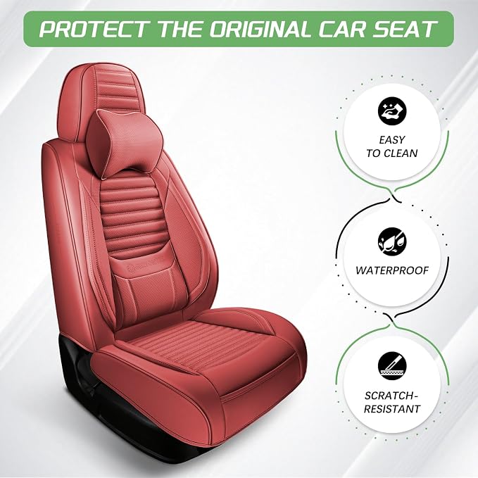 Car Seat Cover Front Set, Front and Rear 2 Faux Leather Seat Covers with Headrest Pillows, Airbag Compatible, Universal Seat Protector for Most SUV Trucks Pickups (Wine Red)
