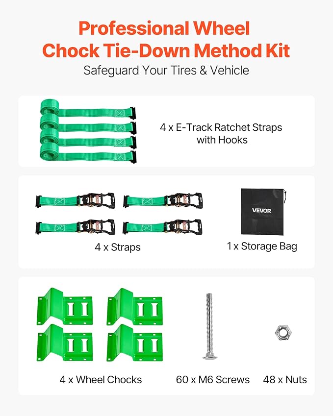 VEVOR Wheel Chock Tie-Down Kit, Chock-Style Trailer Strap, Car Kit with Buckle, Break Strength 4380 lbs & Working Load 1460 lbs Motorcycle Tie-Down System E-Hooks for ATVs, UTVs