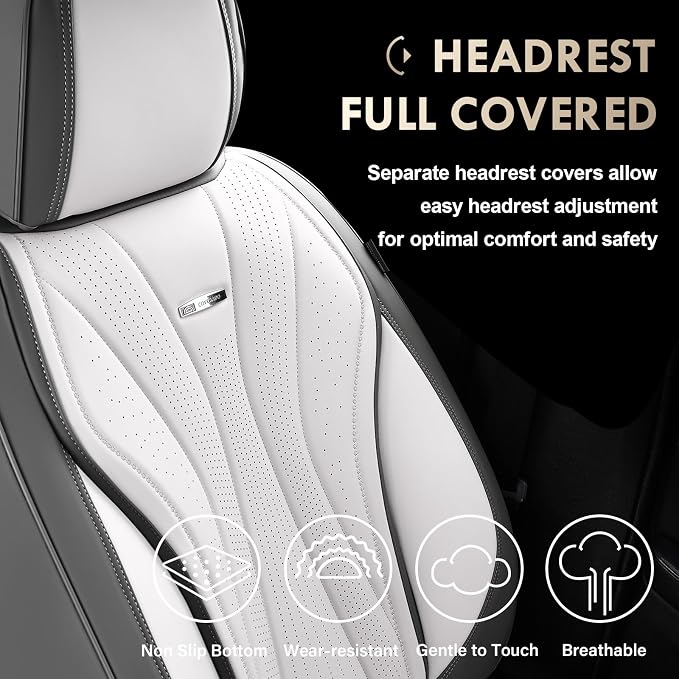 Coverado Front and Back Seat Covers, Waterproof Car Seat Cover, 5 Seat Leather Seat Cover for Cars, Universal Car Seat Protector, Automotive Seat Cover Car Seat Cushion Fit for Most Cars (Gray&White)