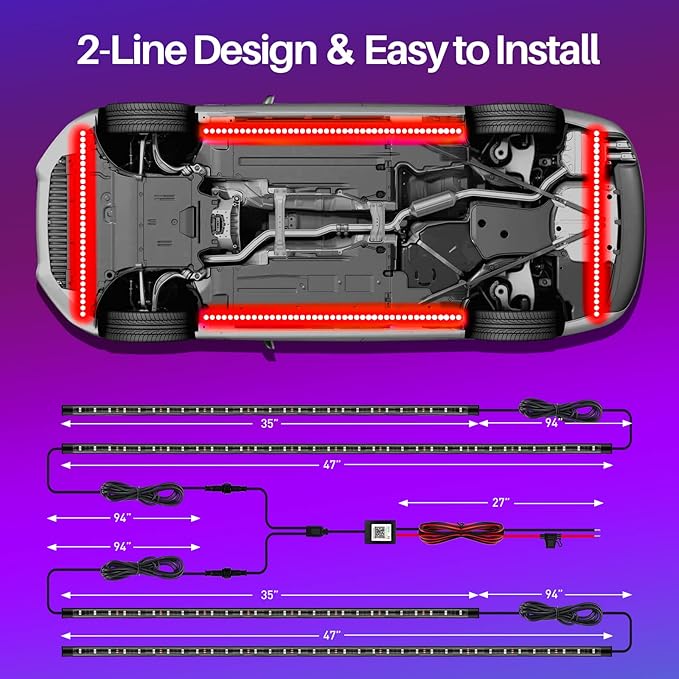 Underglow Kit for Car, Car Led Underglow Lights for Trucks with App and Remote Control, 16 Million RGB Colors, 29 Preset Modes, Music & DIY Mode, Under Car Led Lights Exterior for SUVs, Trucks, DV 12V