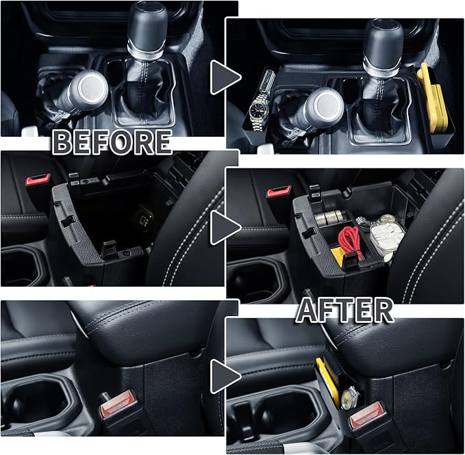 2025 2024 2023 2022-2018 3 Pcs Center Console Organizer for Jeep Wrangler JL JLU Accessories & Jeep Gladiator JT Accessories &Rubicon Sahara Gear Shift Side Tray Organizer Hanging Armrest Storage Box