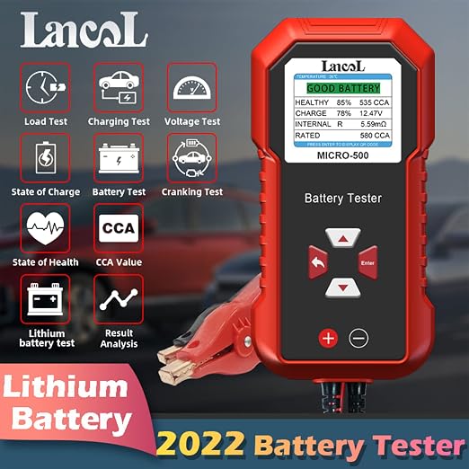 Lancol Micro 500 Car Battery Tester, 12V Lithium Battery Test 40-3000 CCA Cranking System Test Digital Lead Acid Battery Analyzer Automotive Alternator Tester LED Display