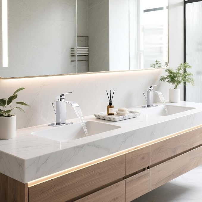 Chrome Bathroom Faucet with Lift Rod Drain, Waterfall Bathroom Sink Faucet Modern Single Handle Bathroom Faucte 1 or 3 Hole, RV Mixer Tap Vanity Faucet Washbasin Faucet with Deck
