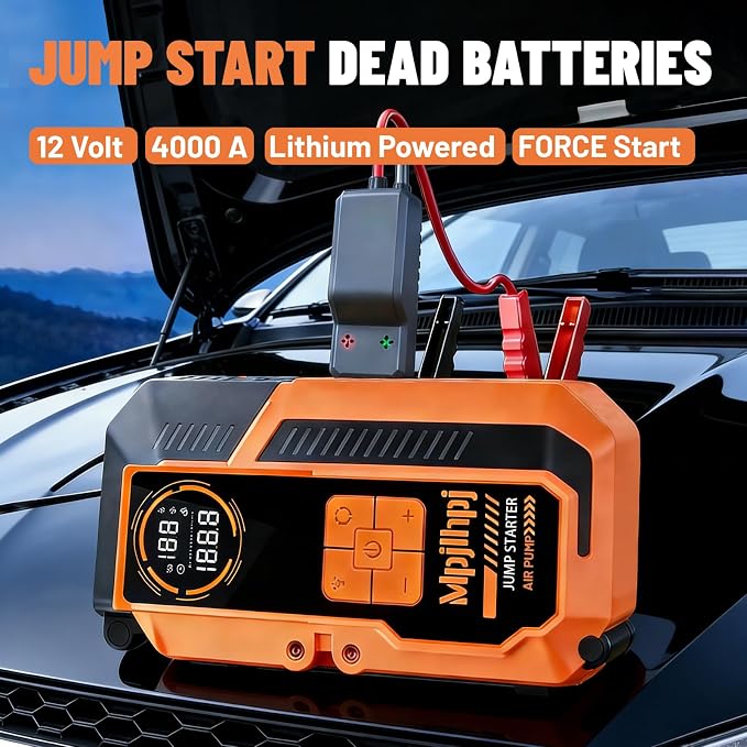 Jump Starter with Air Compressor, 4000A Battery Jumper Starter Portable (8L Gas/6L Diesel) with 150PSI Auto-Shutoff Tire Inflator, 12V Jump Box Car Battery with Lights,Gloves,Car Emergency Kit