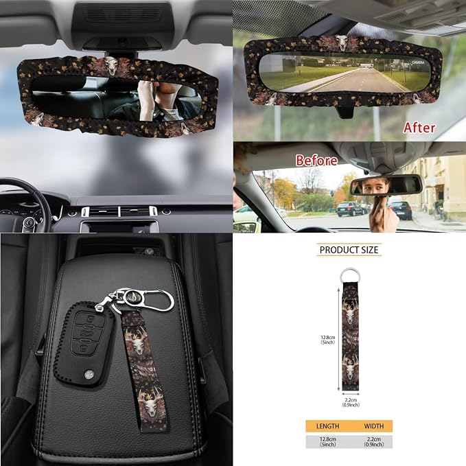 Dear Maple Leaf American Flag Print 15PCS Auto Interior Sets Car Front Rear Seat Covers Steering Wheel Cover Seat Belt Cover Keychain Trash Can Air Vent Storage Bag Mirror Cover