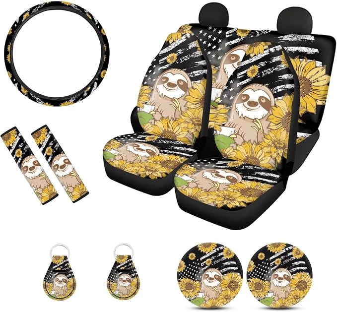 Suobstales Sloth Sunflower Car Accessories for Women Men American Flag Print Car Seat Cover Protector with Steering Wheel Cover,Seat Belt Shoulder Strap Pad, Coasters, Keychains for Car SUV Truck