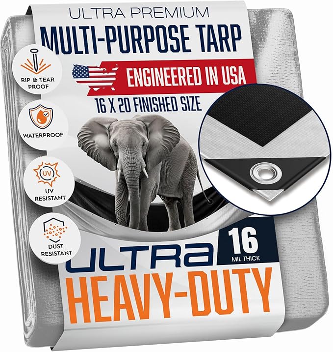 16x20 Ultra Heavy Duty Tarp, Extra Thick 16 Mil, UV Resistant, Grommets Every 18 Inches - Waterproof Plastic Poly Tarpaulin - (Reversible, Silver and Black) (16' x 20' Feet)