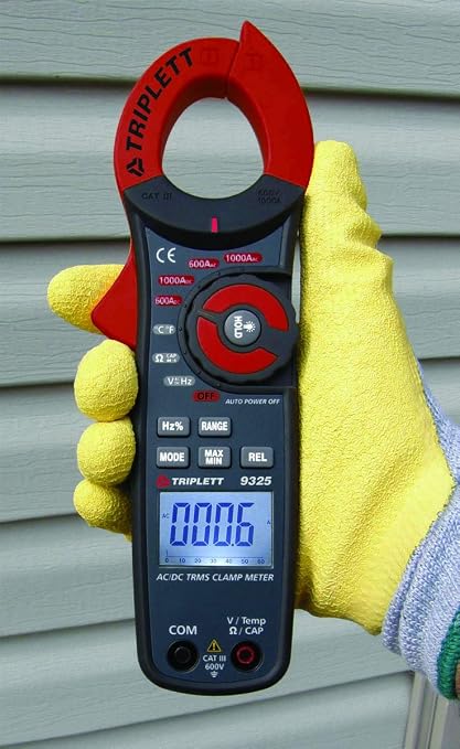 Triplett 9325 True RMS 6000 Count Clamp-On Digital AC/DC Meter - Current, Voltage, Resistance, Frequency, Capacitance, Temperature, Continuity, Diode Check, and Duty Cycle