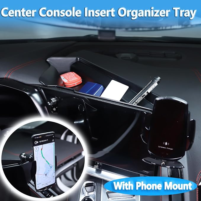 Sekhyna Navigation Screen Back Storage Box Compatible Chevrolet Corvette C8 2020-2025,Dash Organizer Tray,Center Console Phone Insert Auxiliary Storage Tray Interior Accessories (with Phone Mount B)