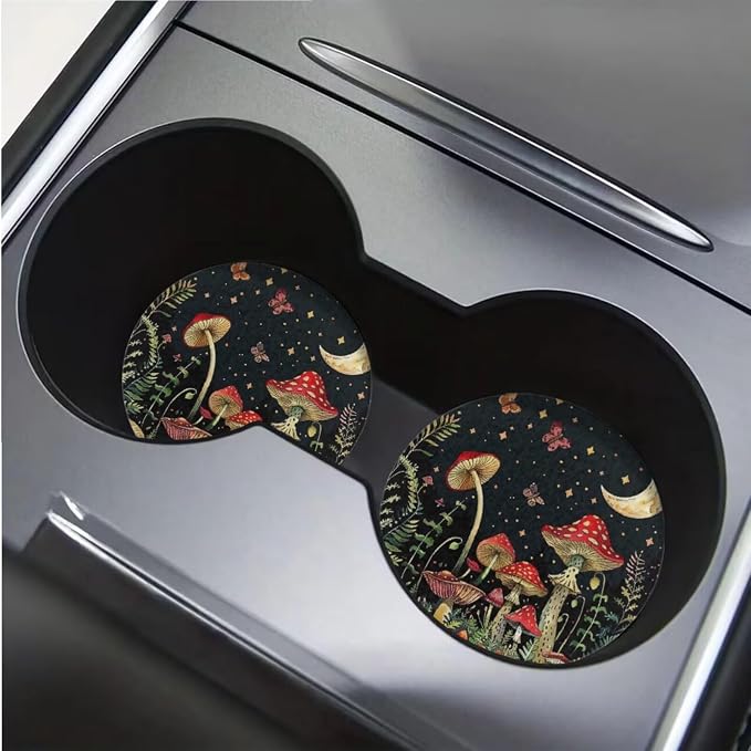 BIGCARJOB Mushroom Car Seat Covers Full Set 12 Pcs Womens Interior Accessories Mushroom Print Steering Wheel Covers,Armrest Seat Box Cover Cushion,Cup Mats,Universal Fit