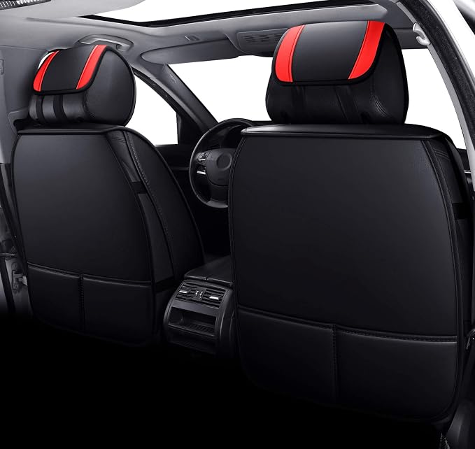 Aierxuan Front Car Seat Covers Women Leather Waterproof Universal for Rav4 Kia Sorento Pilot Hrv Ridgeline Odyssey Chr Ford Ranger Edge Chevy Equinox VW(2 PCS Front, Black-Red)
