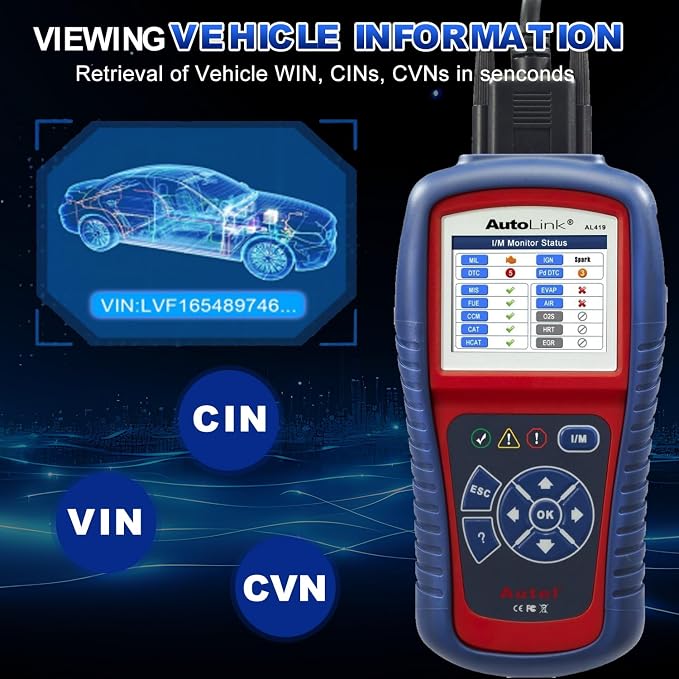 Autel AutoLink AL419 Vehicle OBDII/CAN Code Reader TFT Color Display Clears Codes and resets Monitors Views Freeze Frame Data DTC Definitions VIN