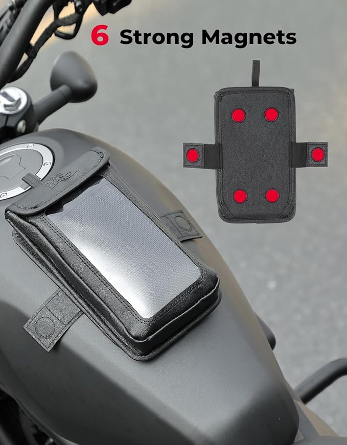 KEMIMOTO Magnetic Tank Bag Phone Case, PU Leather Water-Resistant Motorcycle Phone Holder, Breathable Adjustable Case for Touch Screens up to 6.9 Inch
