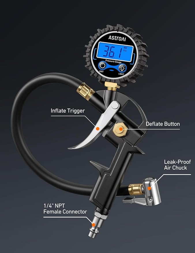 AstroAI Digital Tire Pressure Gauge with Inflator, 3-250PSI Air Compressor Accessories with Heavy Duty Air Chuck Quick Connect Coupler, Fits 1/4" NPT – for Car Truck SUV RV, 1 Pack Compact