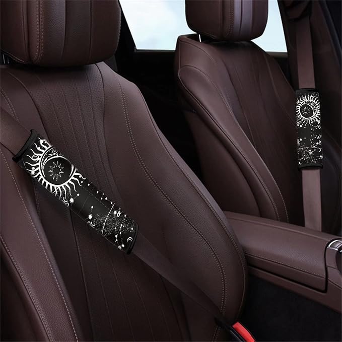 Xoenoiee 11 Pcs Car Accessories with Front & Rear Auto Seats Covers, Steering Wheel Cover, Seat Belt Pads, Cup Coaster, 2 Pcs Key Chain - Universal Fit - Celestial Sun Moon Stars