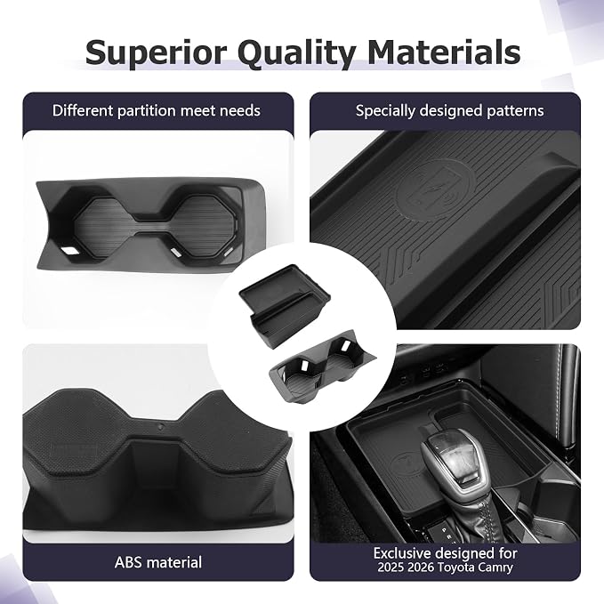 LUWU 2PCS Center Console Organizer Compatible with Toyota Camry 2025 2026 Accessories Wireless Charging Organizer Insert Tray, Cup Holder ABS Material Black