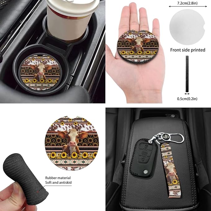 Western Aztec Cow Car Seat Covers Full Sets Cow Car Accessory for Women,Universal Fit Auto Steering Wheel Wrap/Safety Seatbelt Pads/Coasters/Keyrings/Mirror Cover Auto Interior Protector