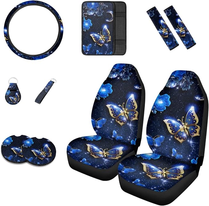 Howilath Blue Butterfly Moon Car Seat Covers Full Set of 10, Auto Front Seat Covers/Steering Wheel Cover/Seatbelt Pads/Keychain/Armrest Cushion/Coasters Universal Auto Interior Accessory