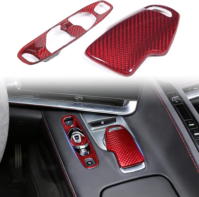 Set of 2 Genuine Carbon Fiber Gear Shift Panel Cover Trim for Corvette C8 2020-2025 Gear Shift Knob Head Protection&Console Gear Shift Button Panel P D Auto M Button Frame Accessories (Red)