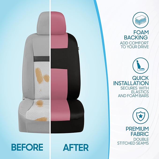 BDK PolyPro Car Seat Covers Full Set in Pink on Black, Front and Rear Split Bench Seat Covers for Cars, Easy to Install Car Seats Cover Set and Accessories for Auto Trucks Van SUV - Pink