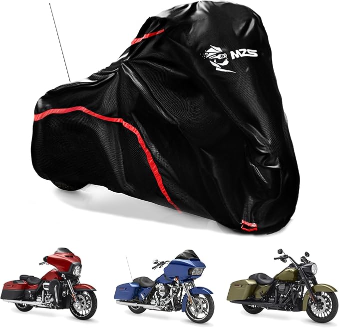 MZS Motorcycle Cover Waterproof Outdoor, 420D All Season Weather Touring Protection Cover Storage fit up to 107" Compatible With Road King Electra Street Glide Ultra Revial Heritage Vulcan Wing