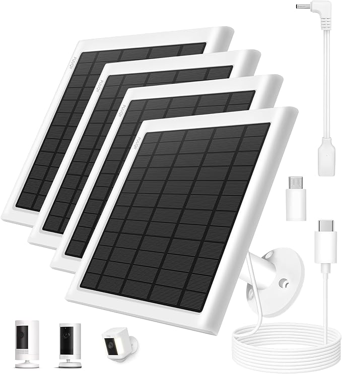 8W Solar Panel for Ring Camera, Solar Panel Charger Compatible with Ring Stick Up Cam Battery, Spotlight Cam Battery, Includes Barrel Plug to USB-C Adapter, IP65 Waterproof, 10ft Cable（4-Pack, White）