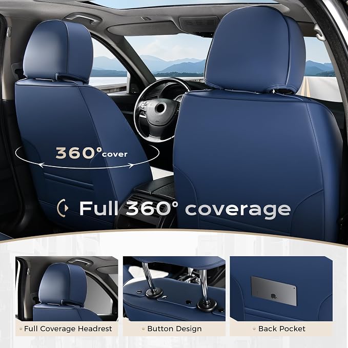 Coverado Car Seat Covers, Front Covers for Cars, Car Seat Cover Front Seats, Automotive Seat Cover, Waterproof, Leather Car Seat Cushion, Universal Interior Seat Protectors for Most Cars Blue-White
