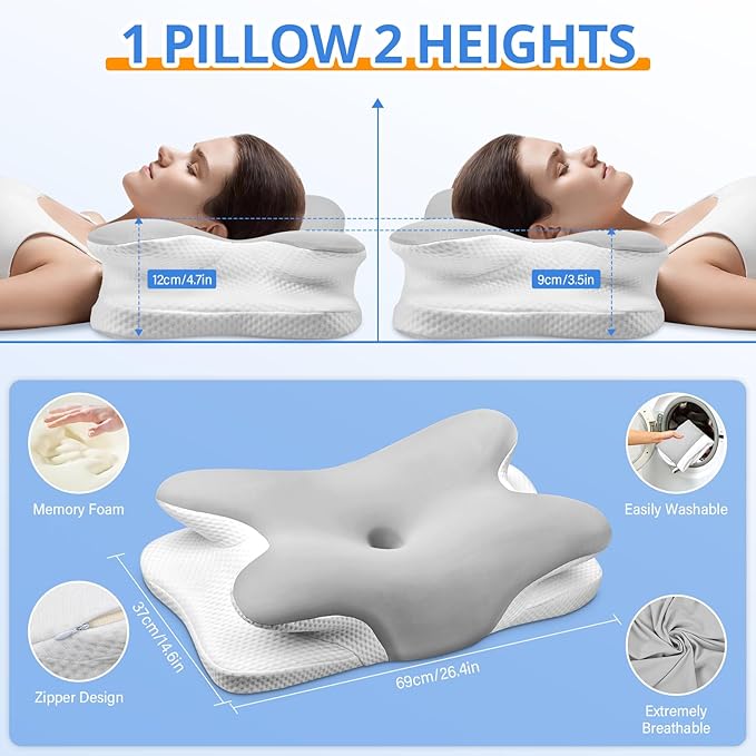 Cervical Neck Pillow, Ergonomic Memory Foam Pillows for Neck Pain Relief with Breathable Pillowcase, Adjustable Contour Neck Support Pillow for Side Back Stomach Sleepers (Silver)