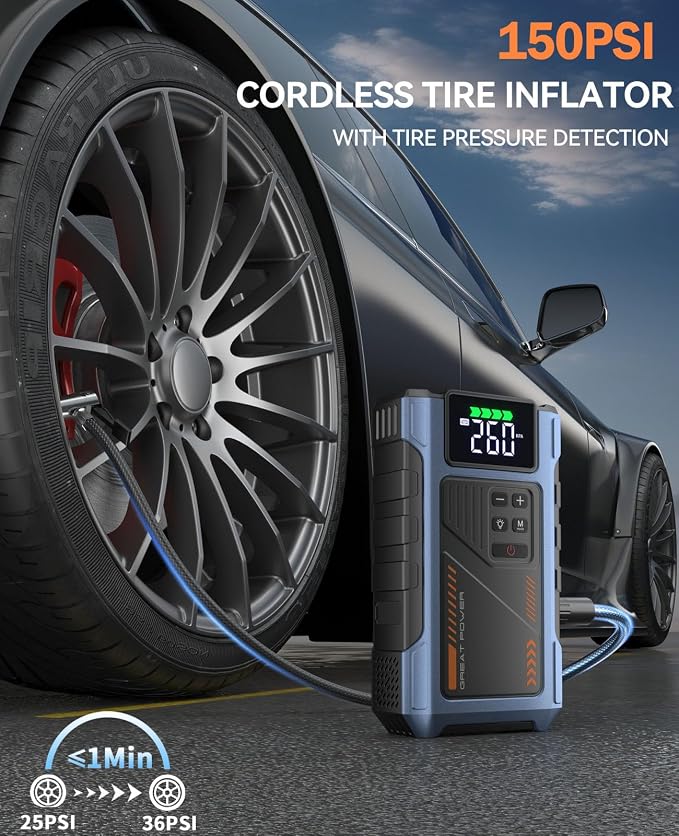 Car Battery Charger Jump Starter with Air Compressor, 4500A Jump Box for Car Battery Portable Jumper Cables with Battery Pack, 12V Jumpstart Combo 150PSI Tire Inflator Air Pump (8.5L Gas/7.0L Diesel)