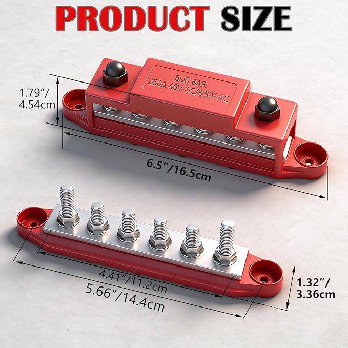 250A 12V Bus Bar Marine, 1/4" Power Distribution Block, Battery Buss Bar, Automotive Busbar Terminal Block for Car and Boat, 6 x 1/4"(M6) Studs (Black+Red)