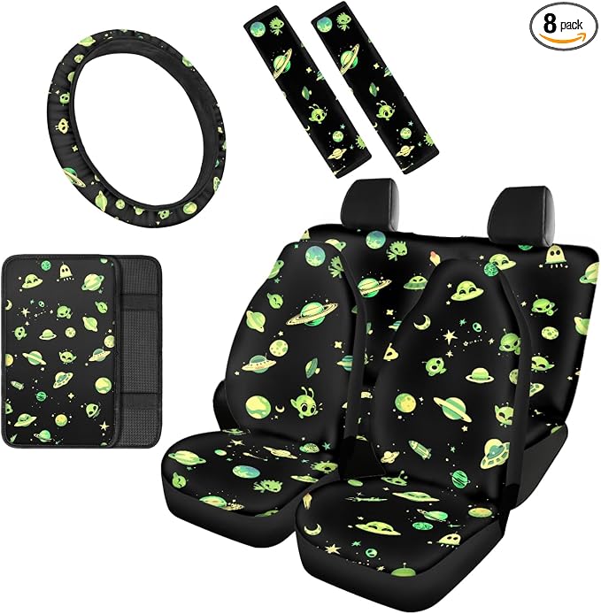 Alien Moon UFO Star 8Pcs Car Accessories Full Set with Seat Cover + Steering Wheel Cove + Seatbelt Pads and Center Console Cover for Women Menl, Universal & Stretchy Fit SUV Truck Sedan Van