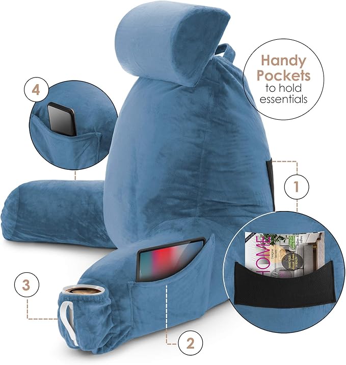 Nestl Reading Pillow with Shredded Memory Foam Includes 2 Neck and Lumber Support Pillows, Designed for Sitting Up in Bed and Couch, Back and Arms Adjustable Support for Adult & Teens, Blue Heaven