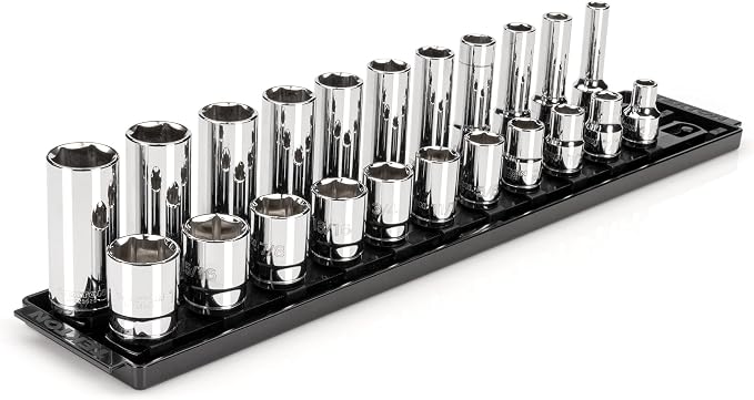 TEKTON 1/2 Inch Drive Shallow and Deep 6-Point Socket Set with Rails and Tray, 22-Piece (3/8-1 in.) | SHD92209