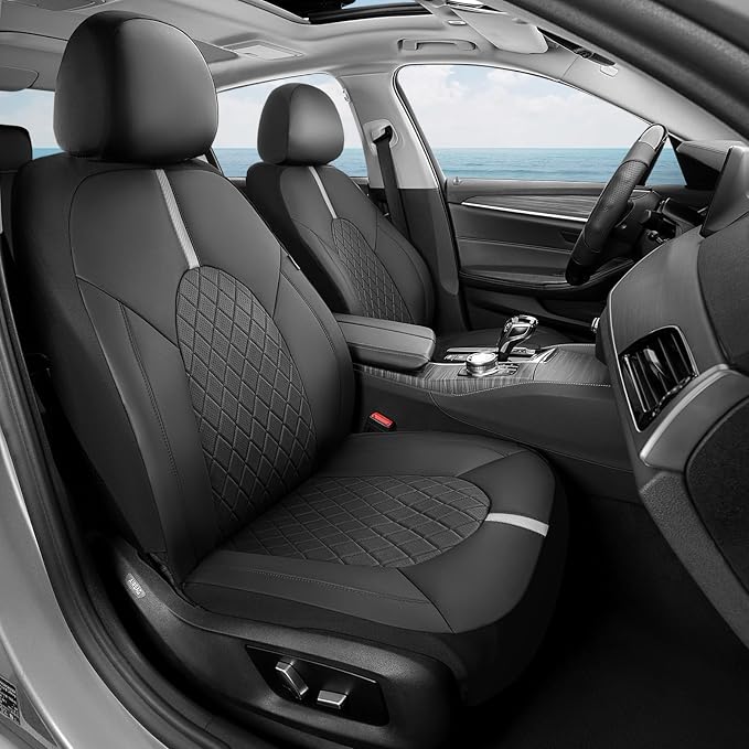 Coverado Car Seat Covers, Front Seat Covers for Car, Leather Seat Covers Waterproof Car Seat Protectors Universal Fit for Most Cars SUV Trucks (Black-White)
