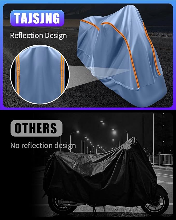 Full Enclosed Large Motorcycle Cover Waterproof Outdoor/Indoor Storage Waterproof Motorcycle Cover Heavy Duty with Reflective Strips Fits Motorcycles Length up to 118" with Side+Top Box