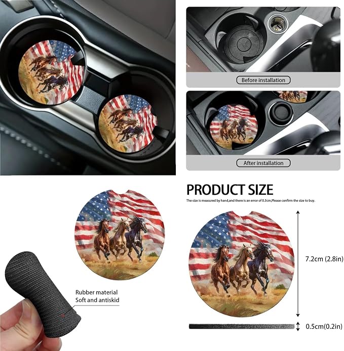Horse American Flag Print Full Set with Front Back Seats Steering Wheel Covers, Trash Can, Air Vent Bag, Auto Seat Belt Pads, Mirror Cover, Cup Holder Coaster for Women Men
