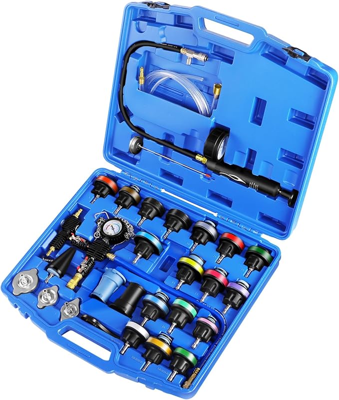 JIFETOR Radiator Coolant Pressure Tester Vacuum Refill Tool Kit, 28PCS Automotive Cooling System Leak Test and Pneumatic Purge Fill Set with Testing Adapter Caps Universal for Airlift Car Auto Truck