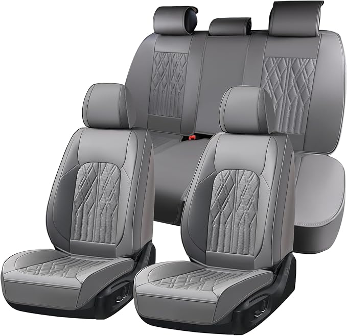 Huidasource Car Seat Covers Full Set, Leather Seat Cover Universal Fit for Most Cars Sedans SUVs Trucks, Airbag Compatible, Cup Holder Access, Easy Install, Wipes Clean, Wear-Resistant, Gray