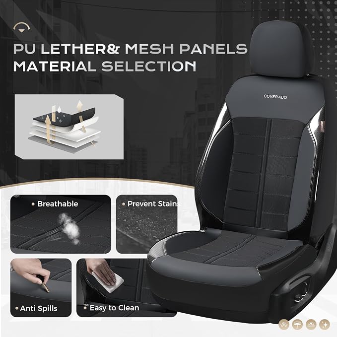 Coverado Seat Cover, Car Seat Cover Full Set, 3D Air Mesh Breathable Seat Protectors Sports Carbon Fiber Design Airbag Compatible Comfort Universal for Most Cars, Van,Trucks, SUV, Black