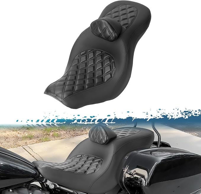 One-Piece Driver Passenger Seat Motorcycle 2-Up Seat with Driver Backrest Cushion Pad Compatible with Harley Softail Sport Glide FLSB Low Rider FXLR FXLRS FXLRST 2018-Later (Black Diamond Stitching)