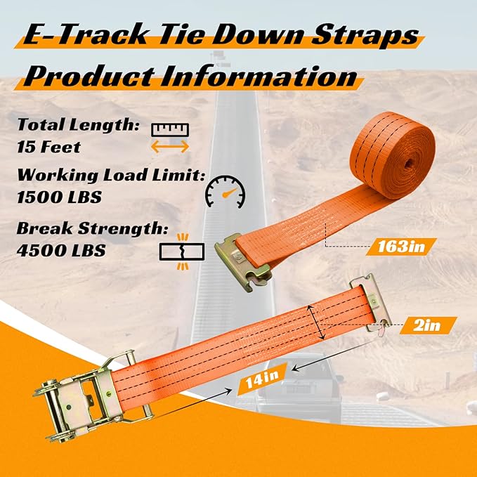 8 Pack 2" x 15' Heavy Duty E-Track Ratchet Straps - 4500LBS Break Strength - Tie Down Straps for Trucks, Trailers, Motorcycles, and Cargo（Orange）