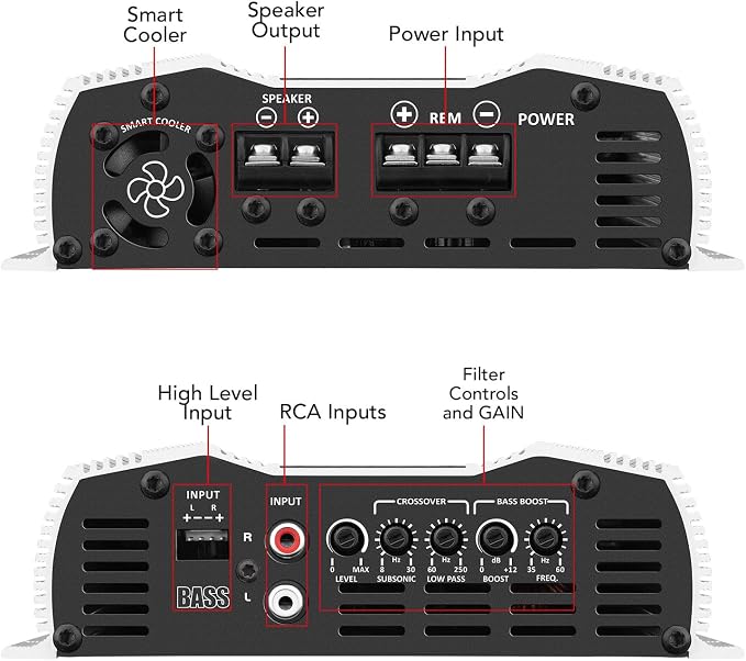 Taramp's Bass 800 1 Ohm Monoblock Amplifier 800 Watts Rms 1 Channel, 14.4VDC Out Power Full Range, Great for Sub/Bass - RCA/High Level Input, Car Audio
