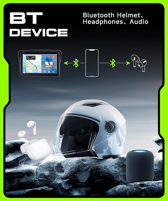 Motorcycle CarPlay Screen 7 Inch Wireless Carplay Android Auto for Motorbike with Removable Bracket, IP68 Waterproof Touchscreen, Supports GPS Navigation Bluetooth