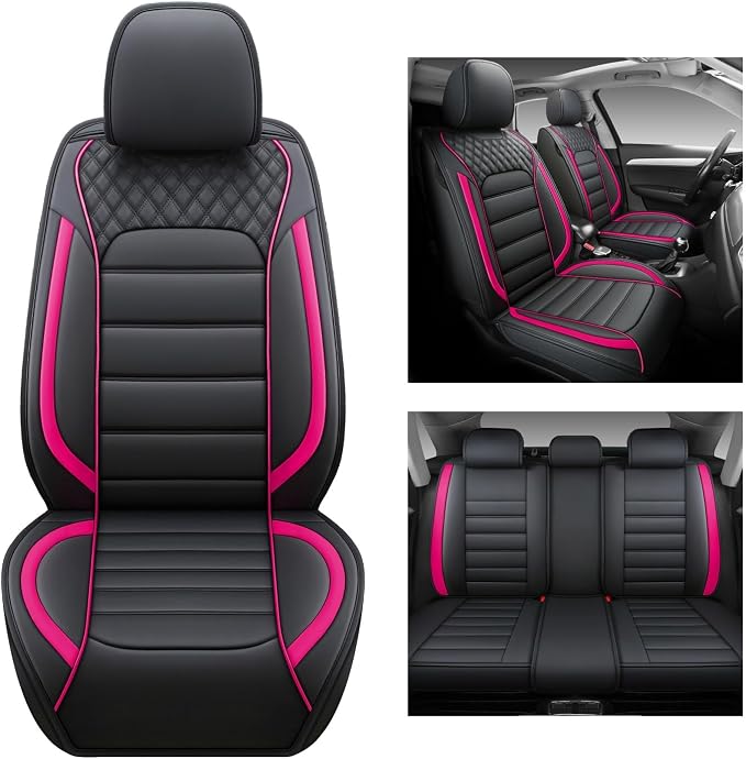 Quiln-03 Leather Seat Cover 5 Seat Full, Universal Suitable for Most Cars, SUVs, Pickup Trucks, Airbag Compatible Car Seat Cushion Covers (Black&Rose)