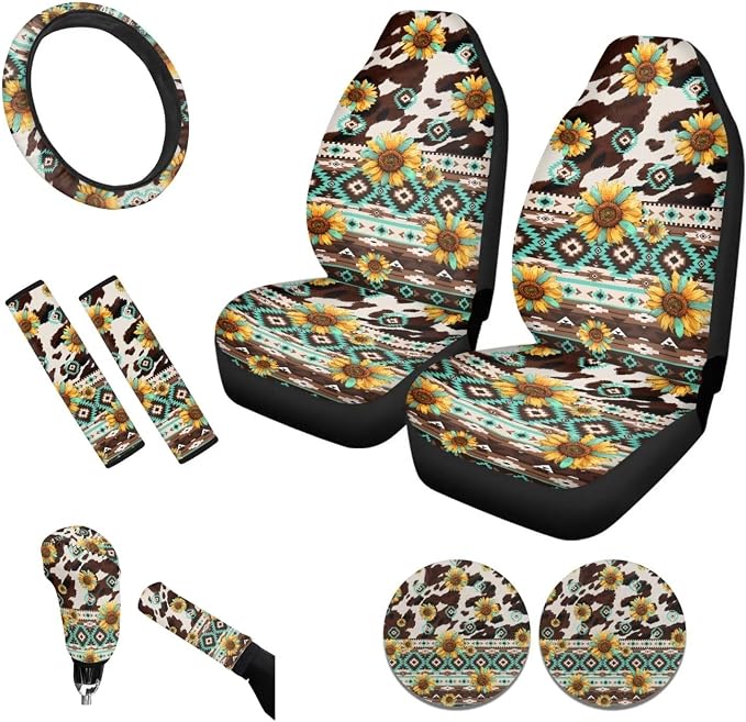 Tupalatus Aztec Auto Accessories Decor Set of 9 Car Seat Covers Hand Brake Cover,Gear Shift Knob Cover,Seat Belt Pads,Coaster,Steering Wheel Cover Universal Fit for Car Truck SUV