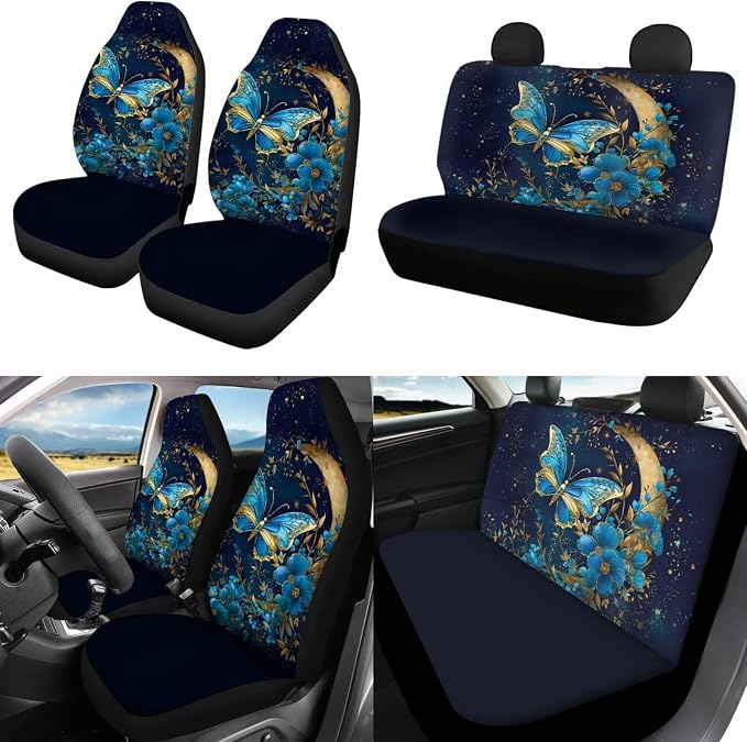 POLERO Floral Butterfly Seat Covers for Cars for Women Front and Rear Split Beach Auto Seat Accessories 11pcs with Cup Holder Coasters